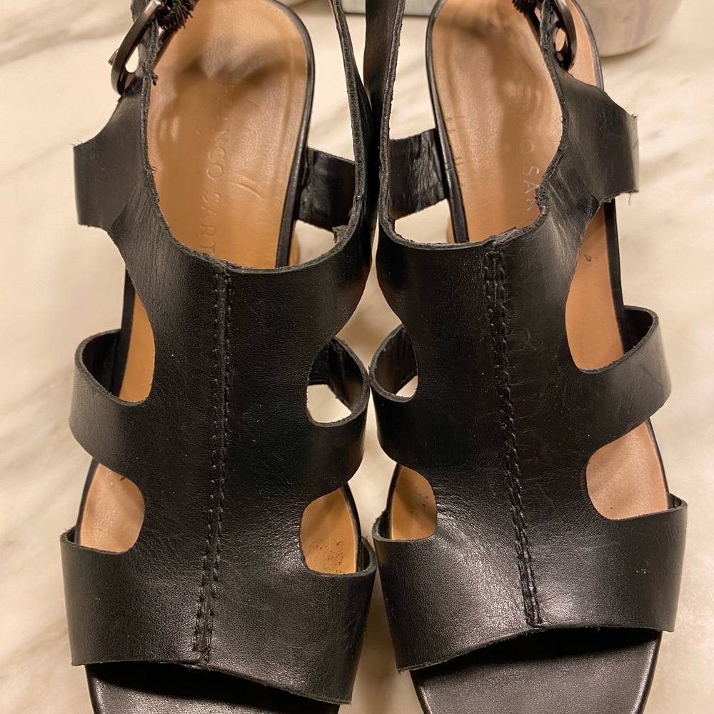 Black wedge sandal. Sz 7 Italian designed. Leather upper, man-made. Cork wedge